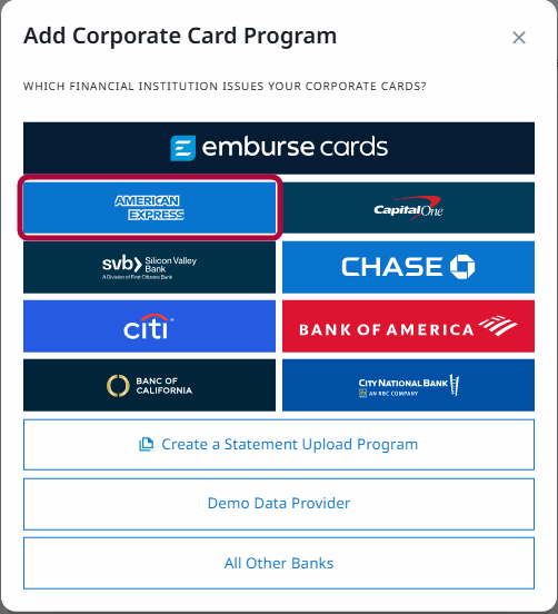 Add Corporate Card Program window with American Express option selected