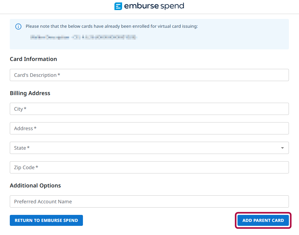 Add Parent Card form with fields for card description billing address and preferred account name