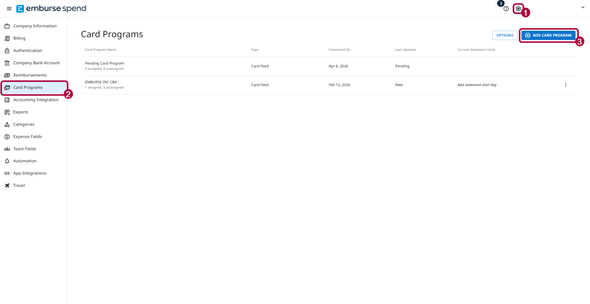 Card Programs page with Add Card Program button highlighted