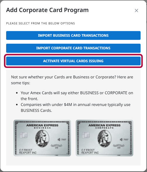 Add Corporate Card Program options showing Activate Virtual Cards Issuing selected