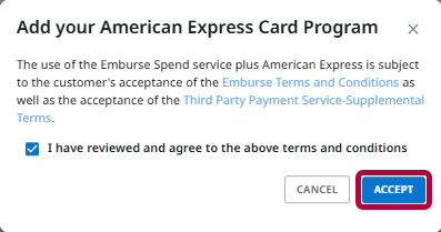 Add your American Express Card Program window with terms and conditions and Accept button