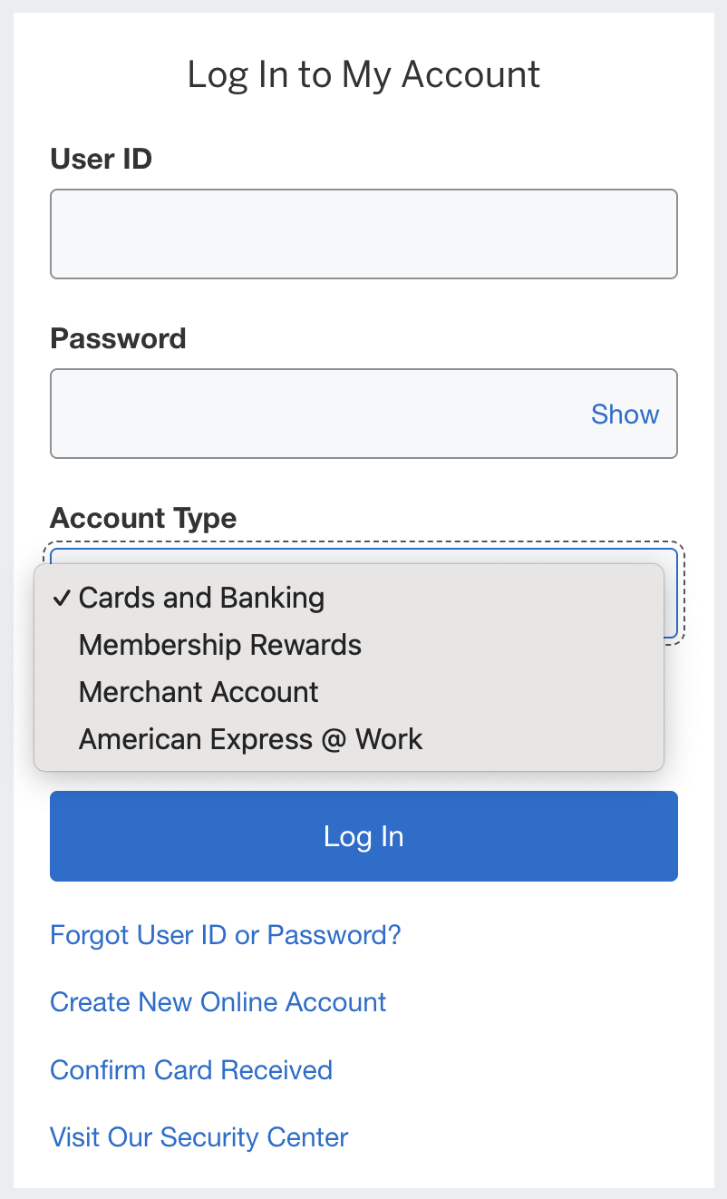 American Express login screen with user ID password and account type options
