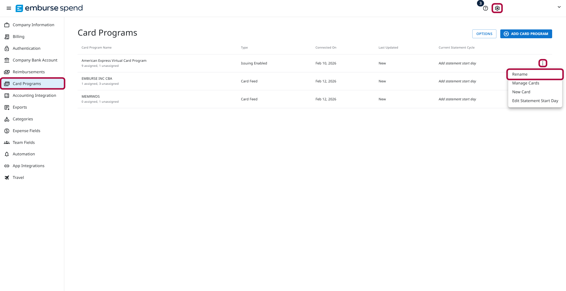 Admin view of Emburse Spend Company Settings with Card Programs selected in the left navigation. The Card Programs page lists multiple programs. The options menu for a selected program is open, showing Rename, Manage Cards, New Card, and Edit Statement Start Day. Rename is highlighted.