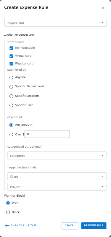 Rule builder form with source, submitter, amount, and category fields