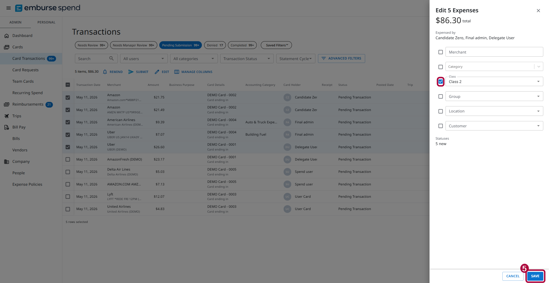 Bulk edit panel showing multiple pending transactions selected on the Transactions page, with the Class field enabled and set to Class 2 before saving updates.