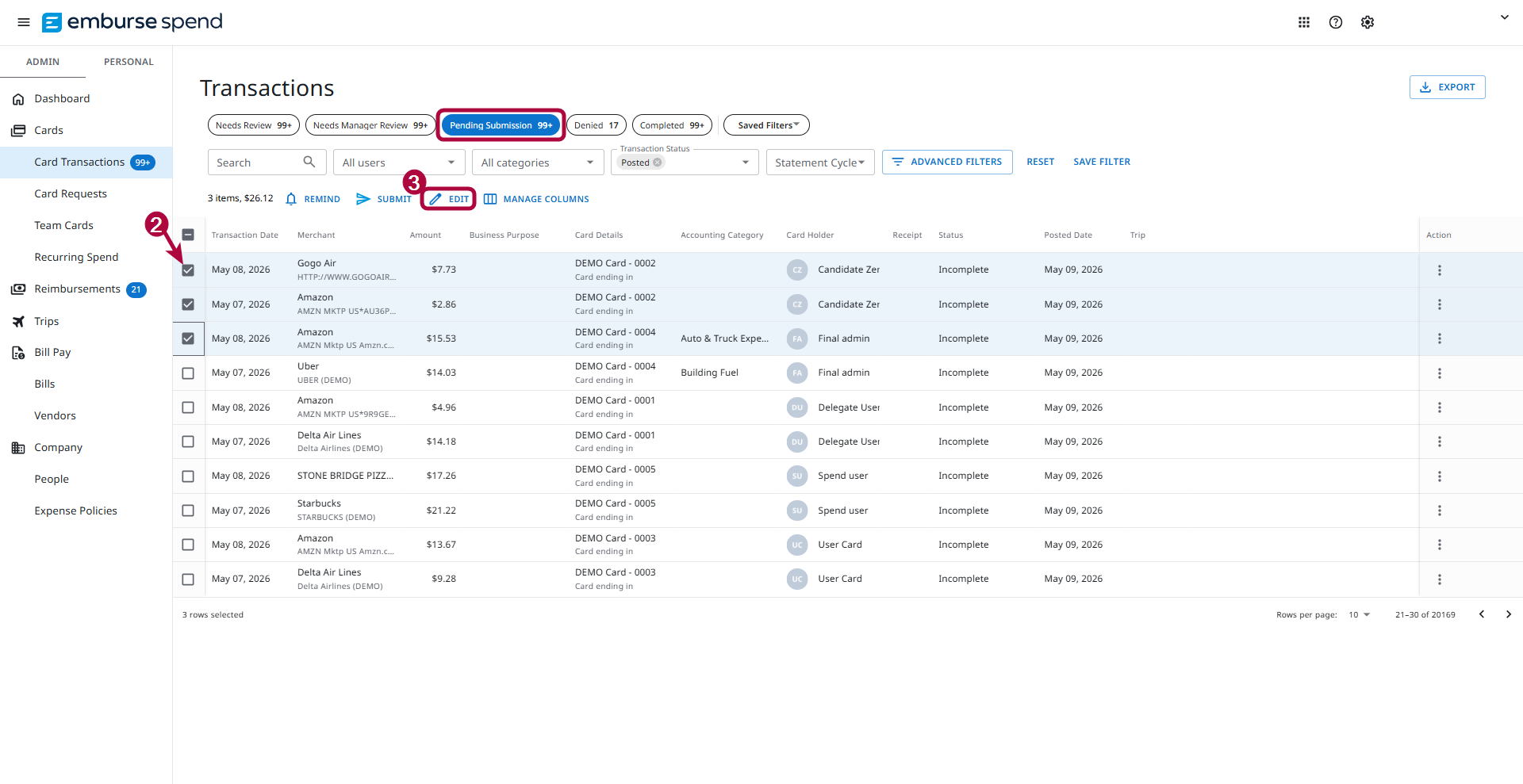 Pending Submission tab showing multiple selected transactions ready for bulk submission.