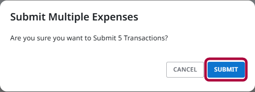 Submit Multiple Expenses window asking the admin to confirm submission of selected transactions.