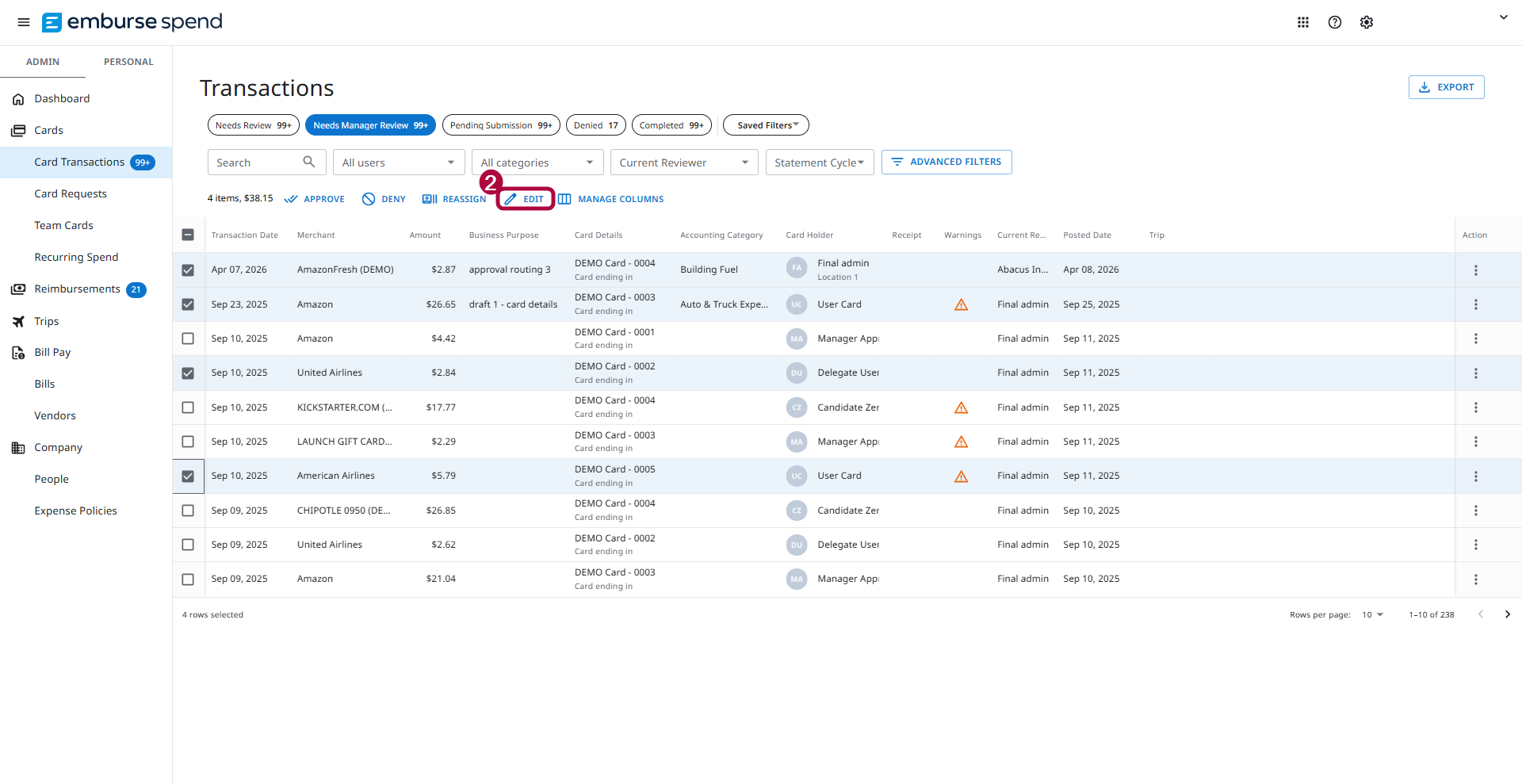 Card Transactions page with multiple submitted expenses selected for bulk editing.