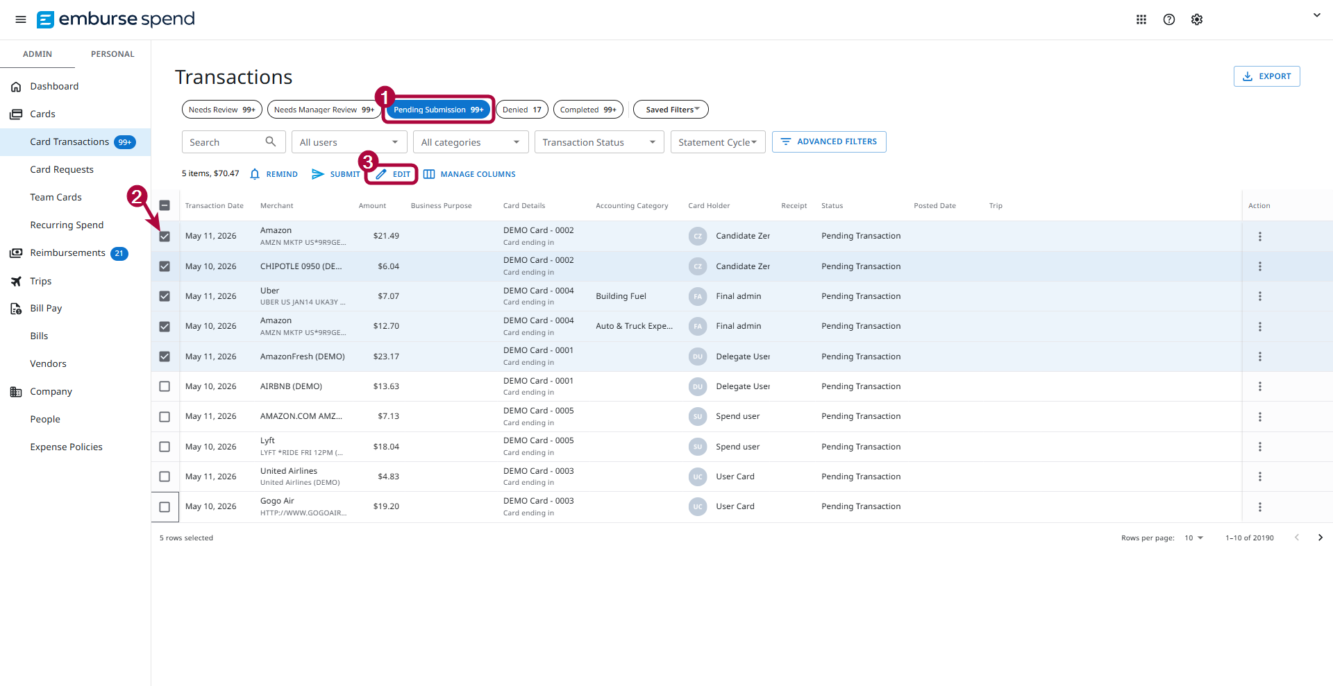 Pending Submission tab showing multiple pending transactions selected for bulk editing.