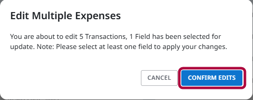 Confirm Edits window prompting the admin to apply updates to multiple expenses.
