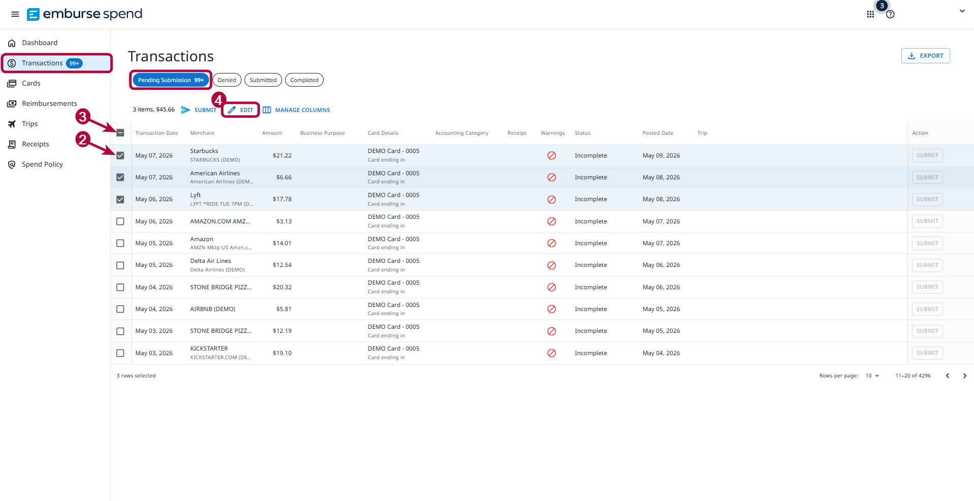 Transactions page showing multiple pending transactions selected for bulk editing.