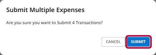Submit Multiple Expenses confirmation window with the Submit button selected.