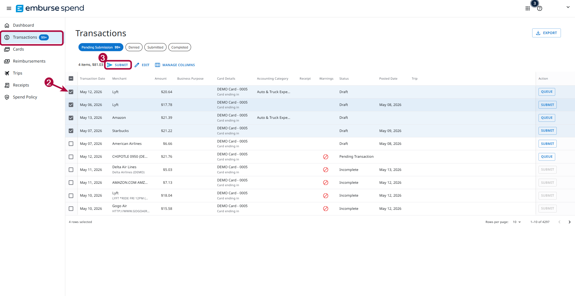 Pending Submission tab showing selected transactions ready for bulk submission.