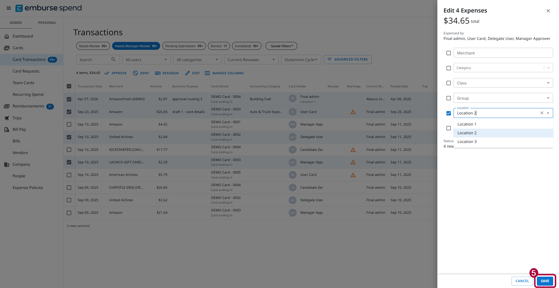 Bulk edit panel showing editable expense fields and selected category values for multiple transactions.