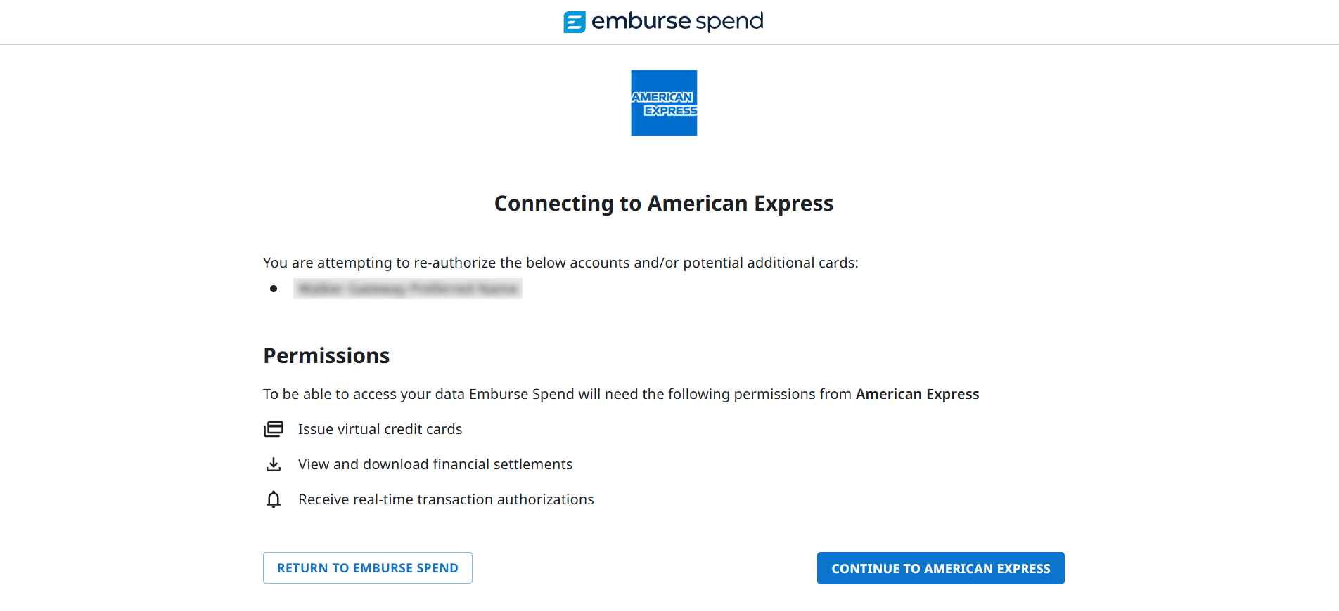 Connecting to American Express screen with Continue to American Express button
