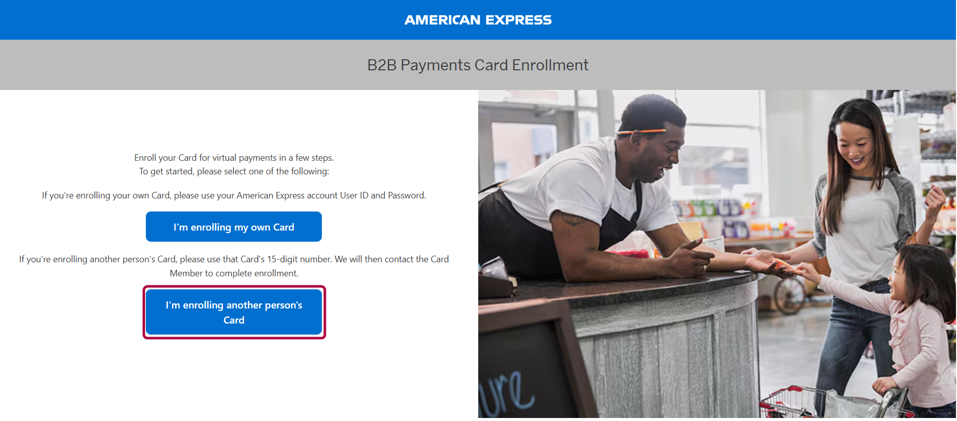 American Express Card window with enrolling another person’s card selected