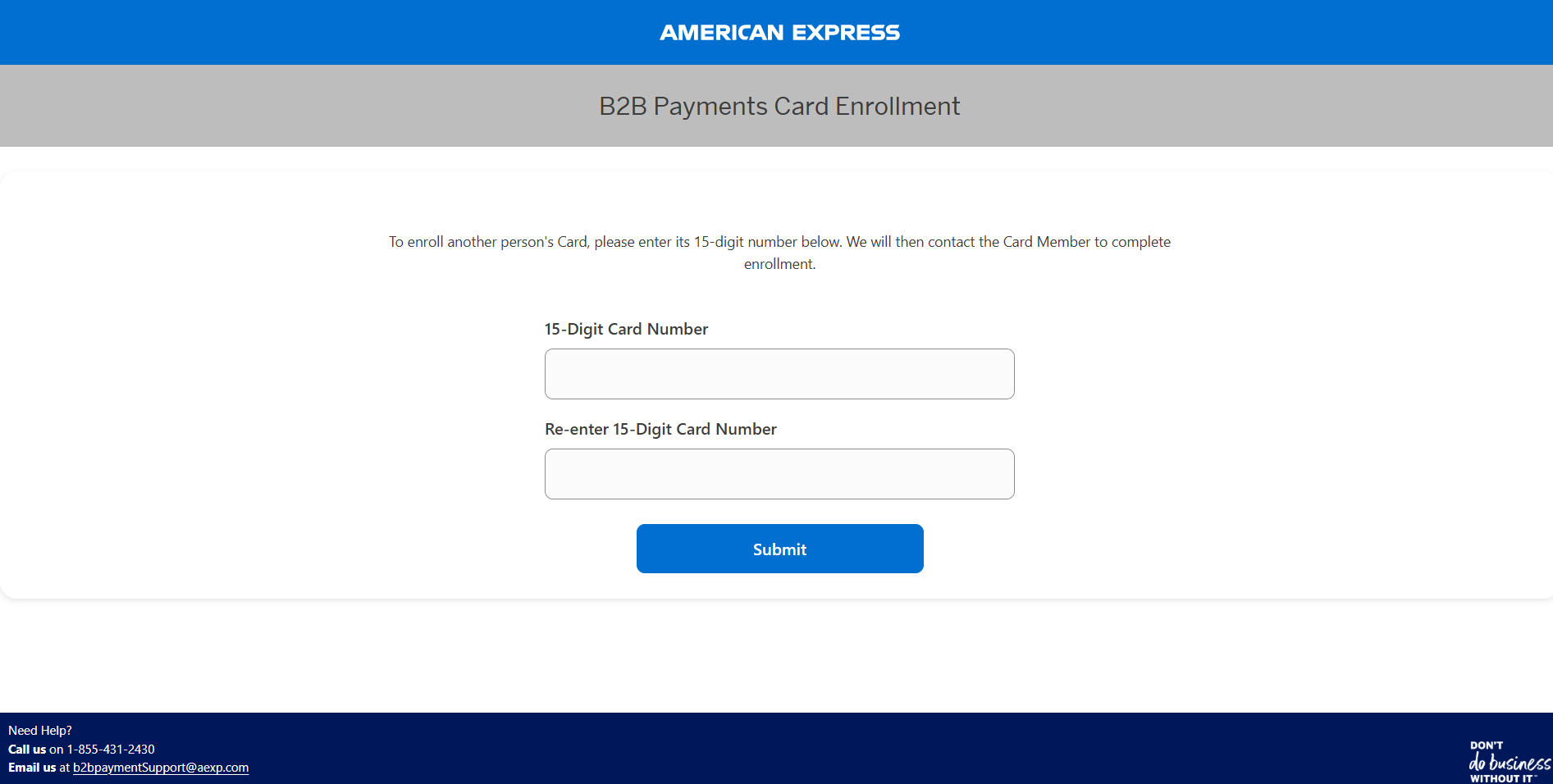 American Express B2B Payments Card Enrollment card number fields