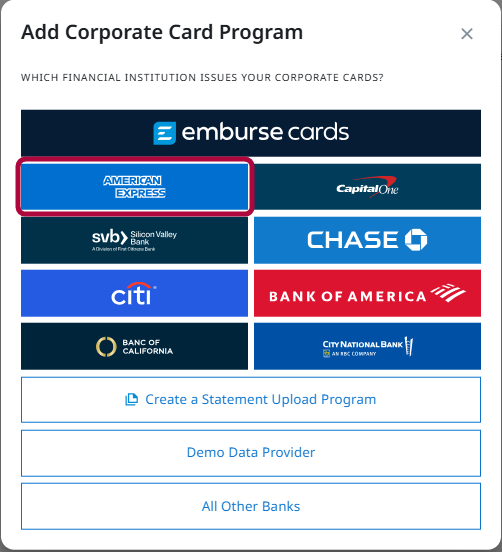 Add Corporate Card Program window with American Express highlighted