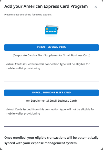 Add your American Express Card Program window with enrollment options