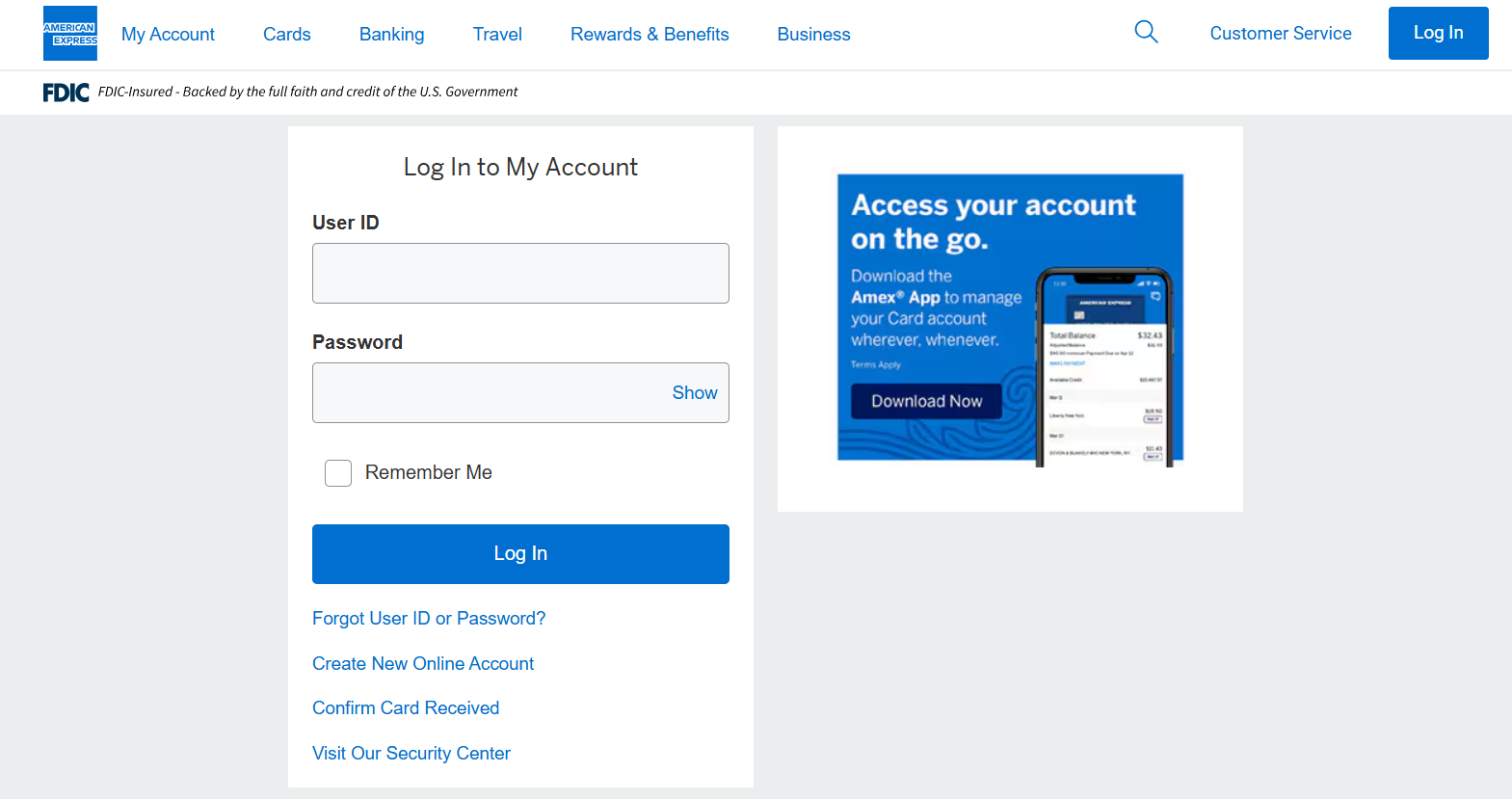 American Express My Account login screen