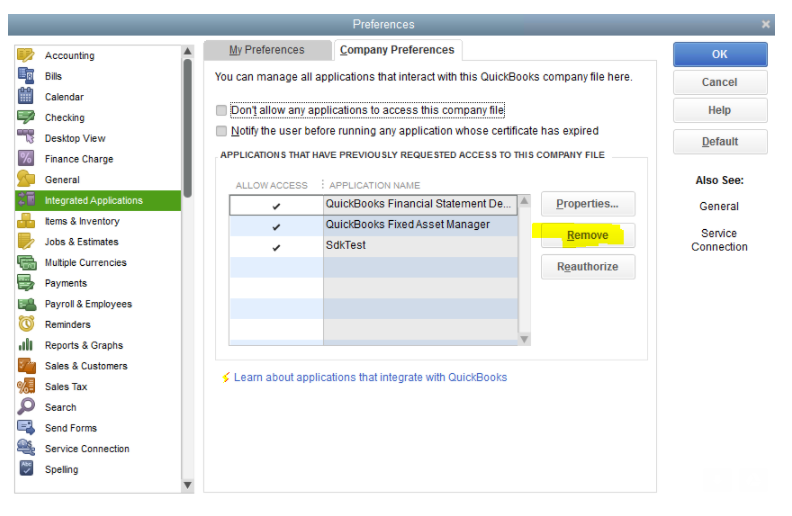 QuickBooks Preferences window showing the Integrated Applications settings and Remove option
