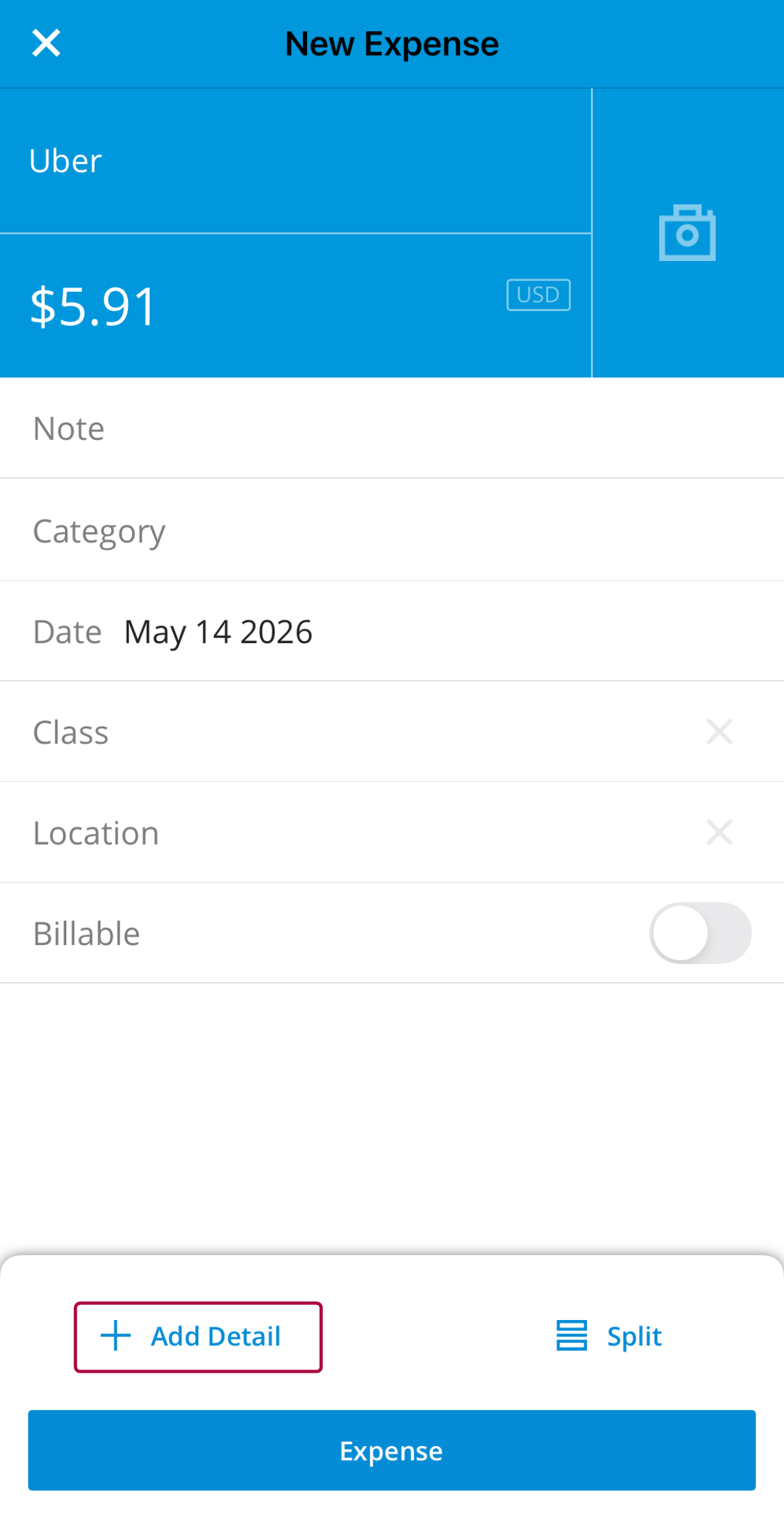 Expense screen with Add Detail selected