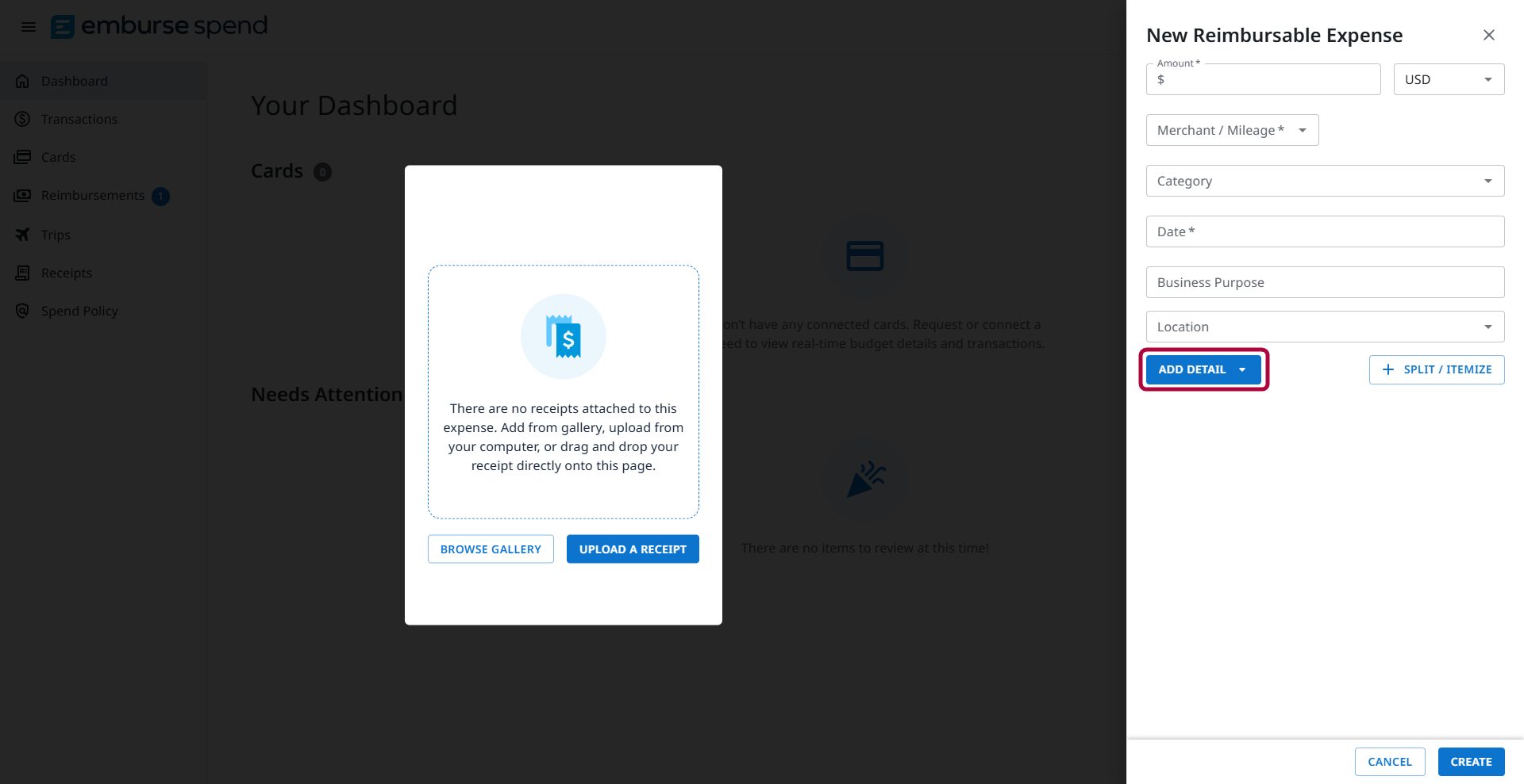 New expense window showing Add Detail