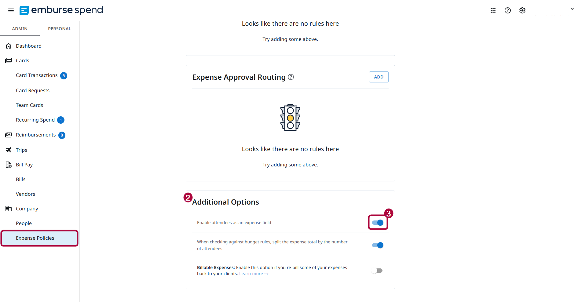 Expense Policies page showing the Attendees toggle in Additional Options