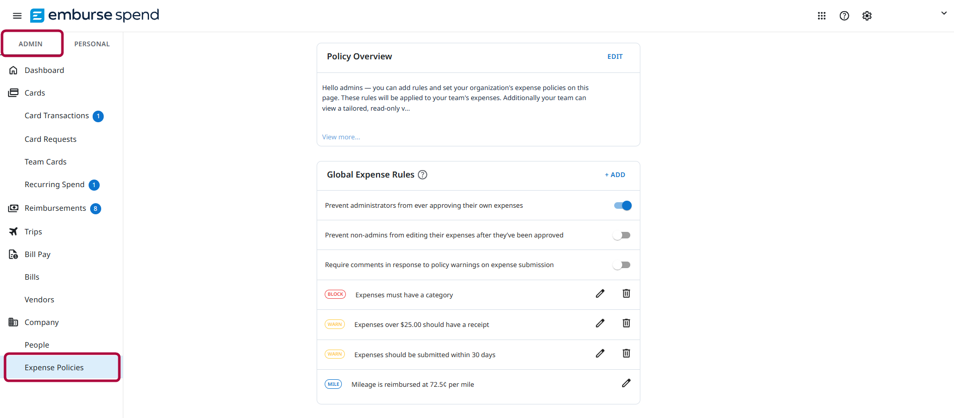 Expense Policies page showing Admin tab selected, Policy Overview, and Global Expense Rules section with policy settings