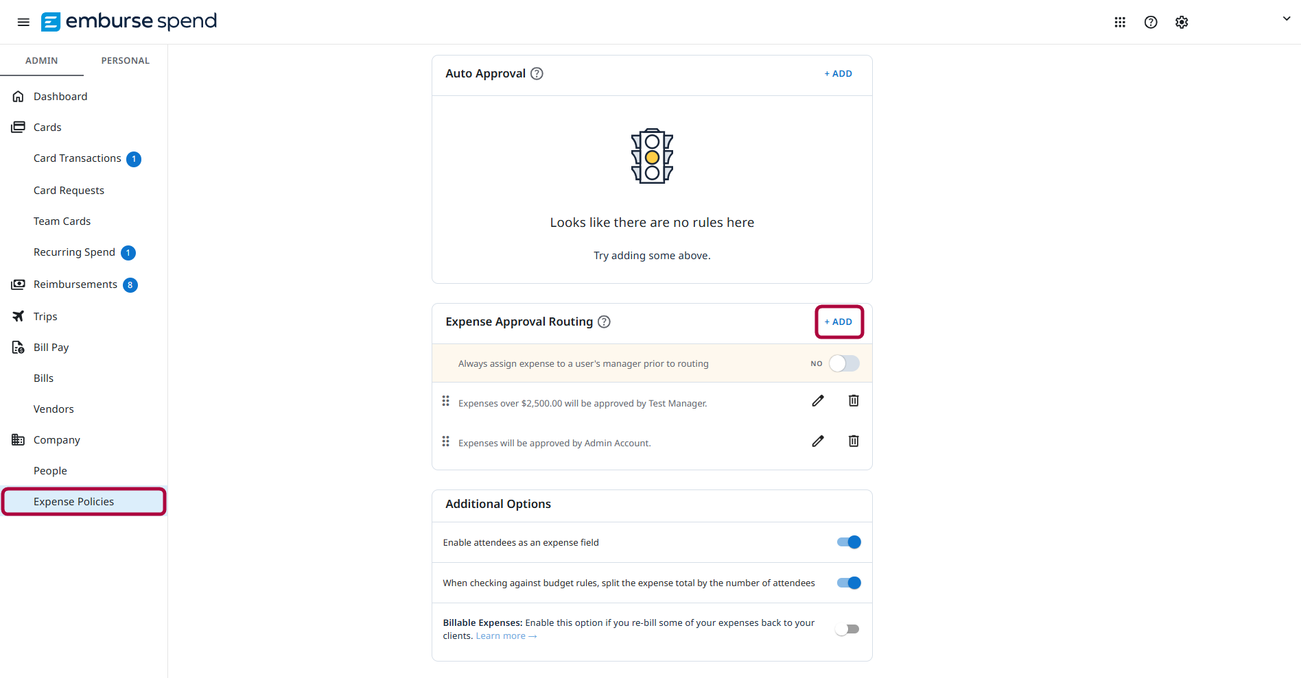 Expense Policies page in Emburse Spend showing Expense Approval Routing rules, Auto Approval settings, and Additional Options, with the Add button highlighted for creating a new approval route.