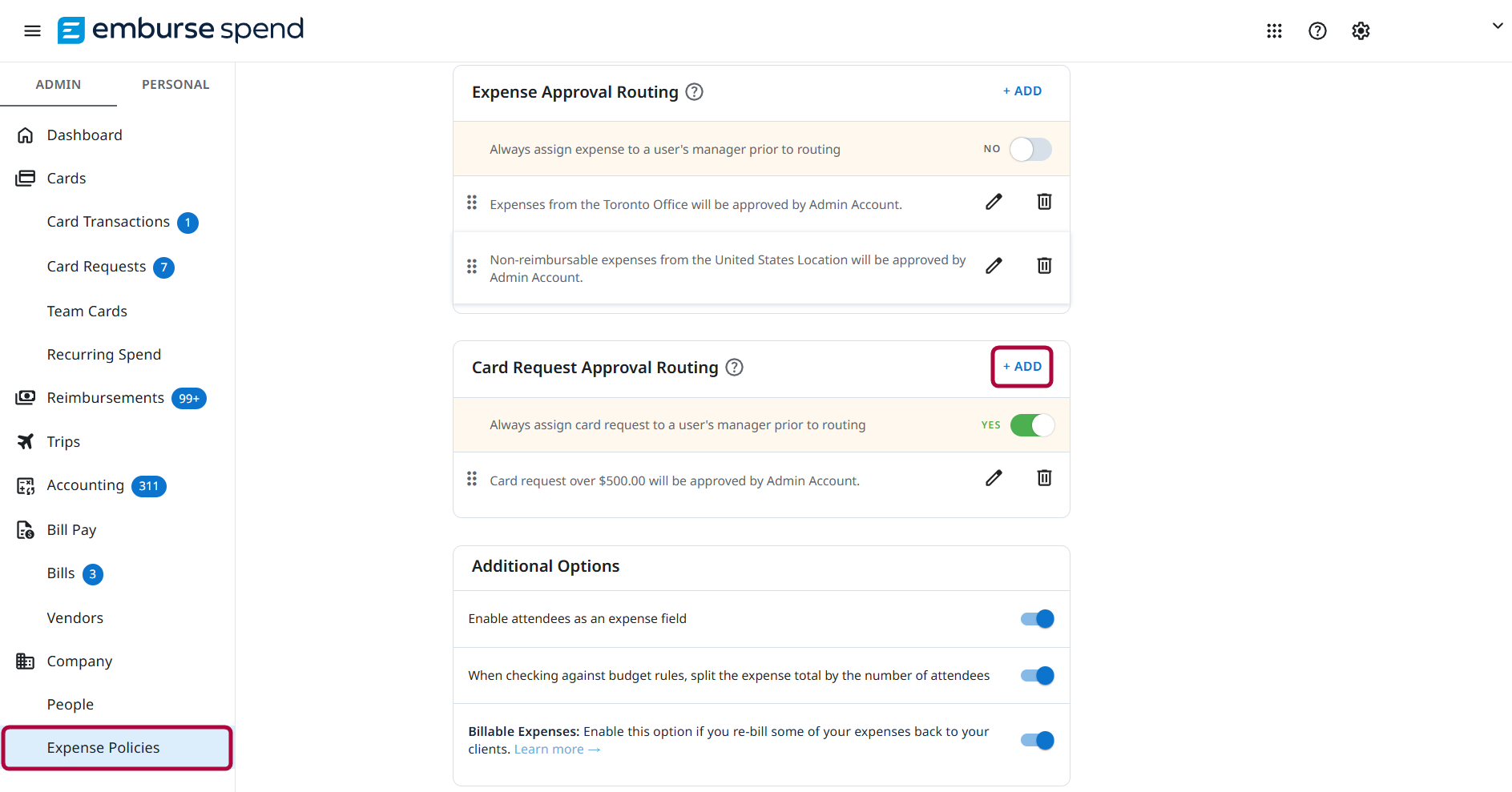 Card Request Approval Routing section on the Expense Policies page in Emburse Spend, with the Add button highlighted to show where administrators create a new card request approval routing rule.