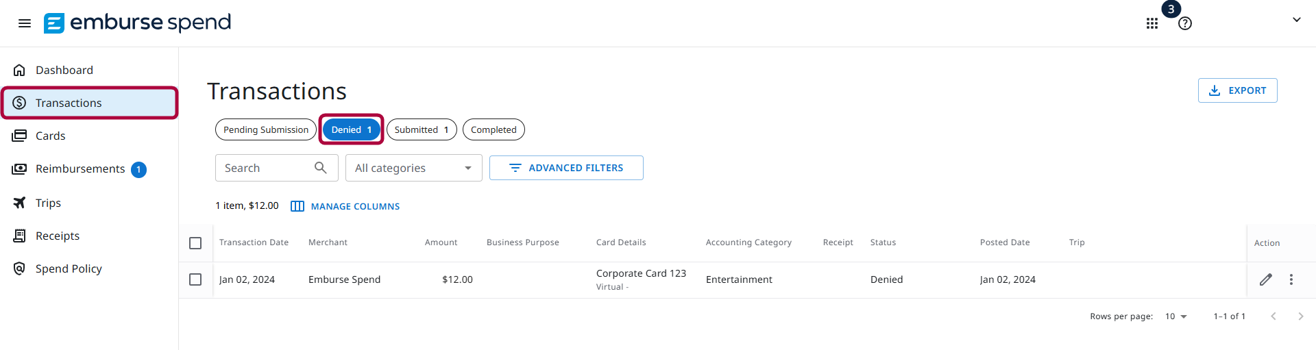 Denied tab selected on the Transactions screen showing denied corporate card transactions