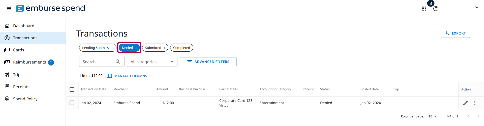 Denied tab selected on the Transactions screen