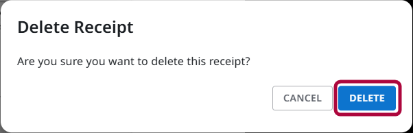Delete Receipt confirmation window with the Delete button highlighted
