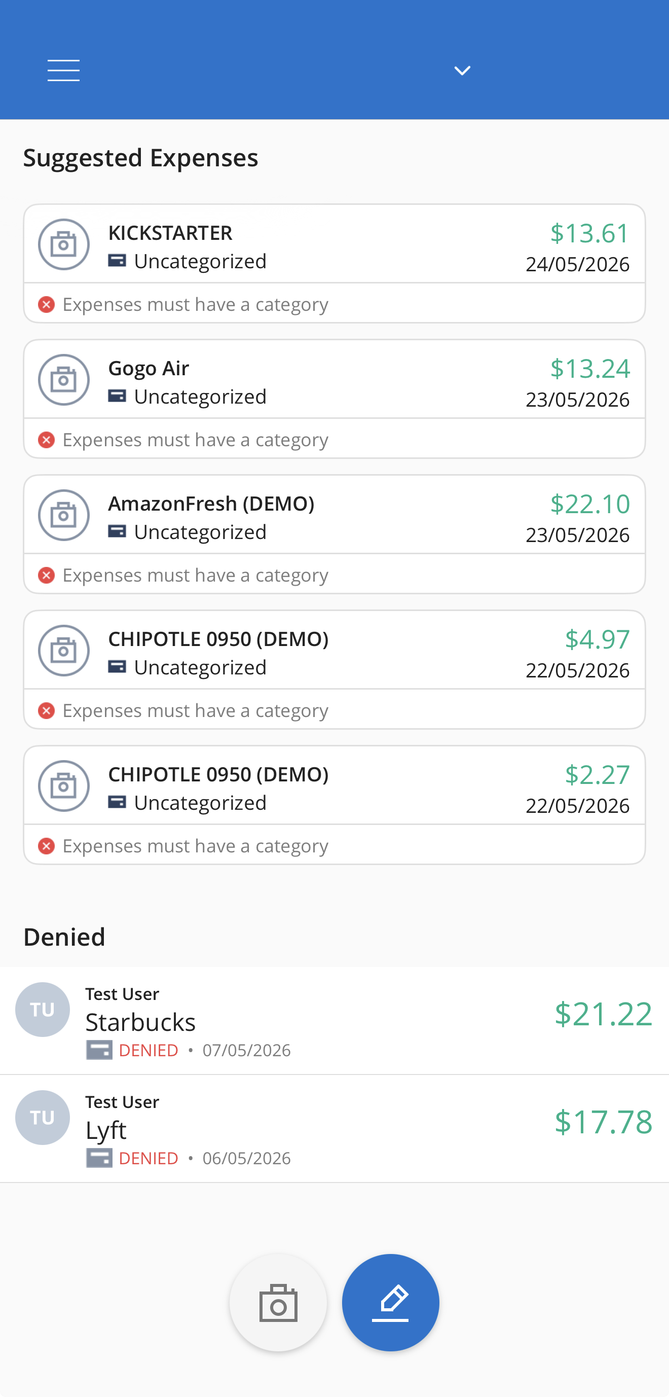 Denied section on the Emburse Spend mobile app Dashboard screen