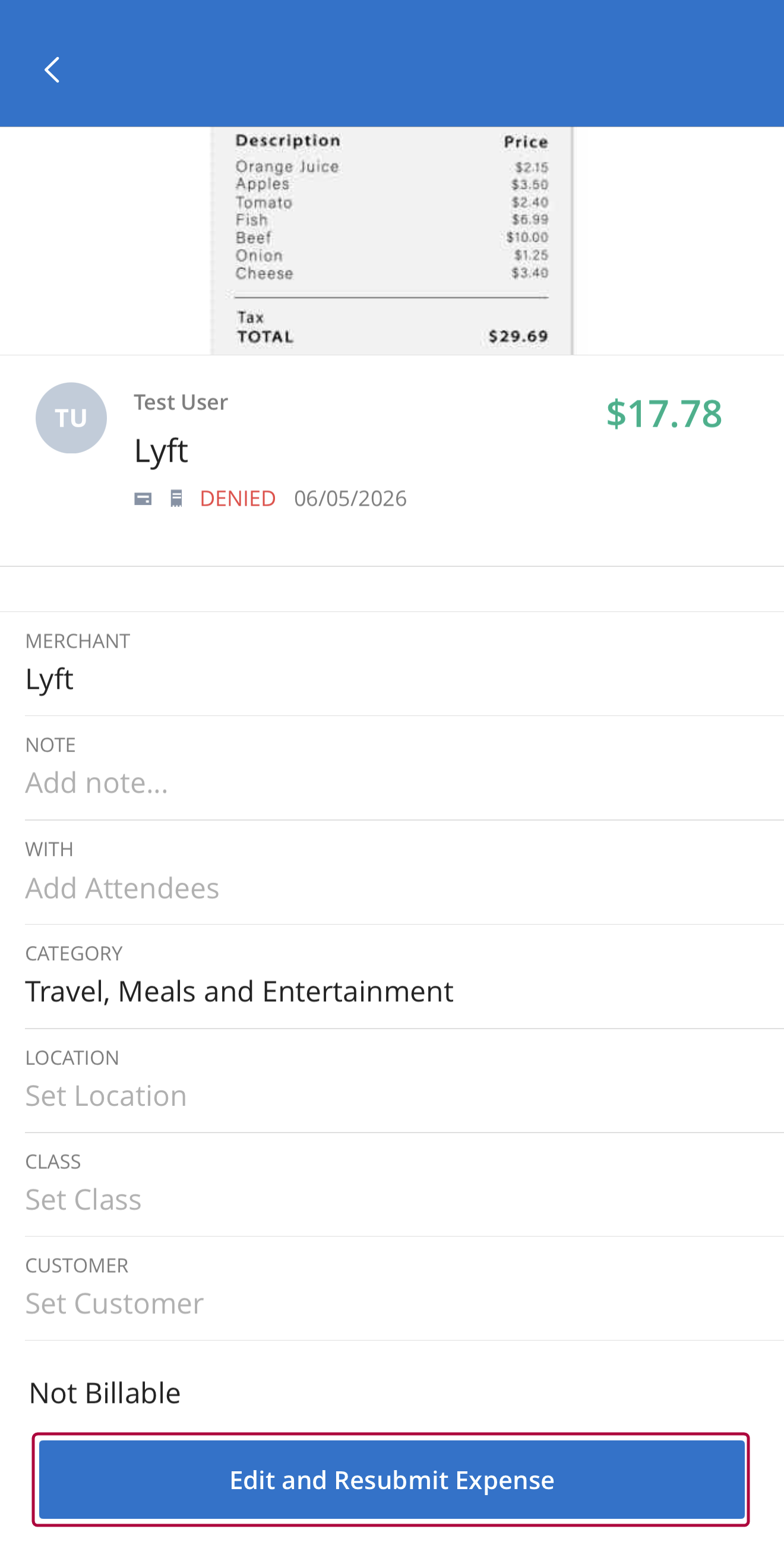 Edit and Resubmit Expense button on a denied expense in the mobile app