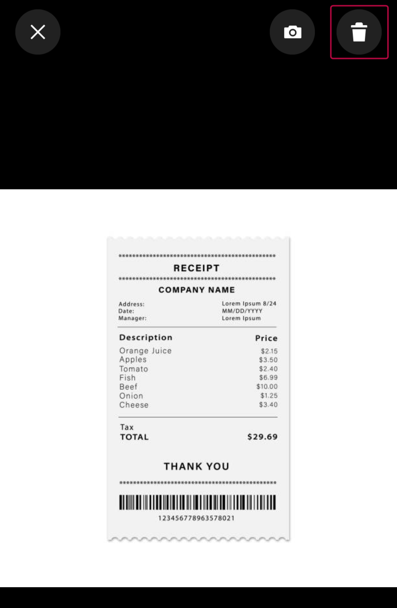 Trash Can button highlighted in the mobile receipt viewer