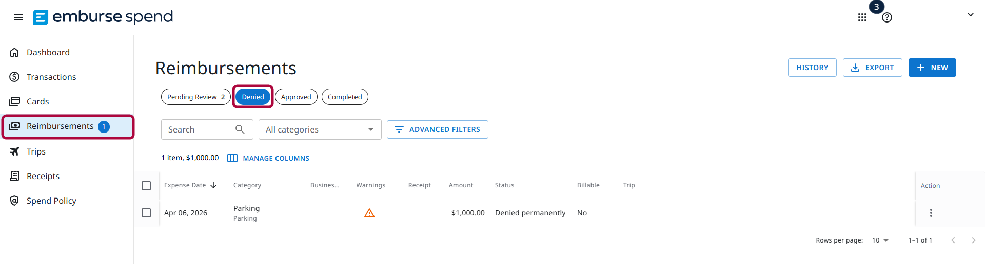 Denied tab selected on the Reimbursements screen showing denied out-of-pocket expenses