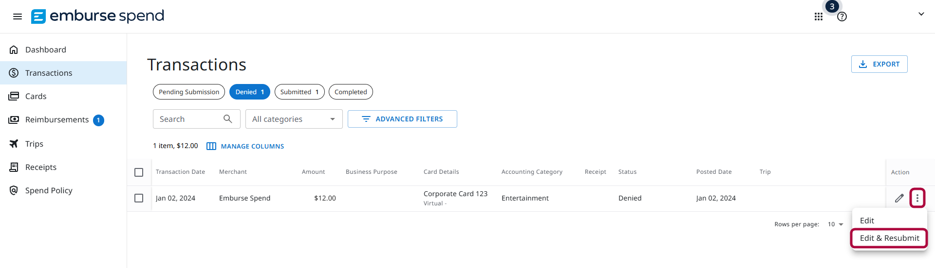 More Actions menu displaying the Edit & Resubmit option for a denied expense