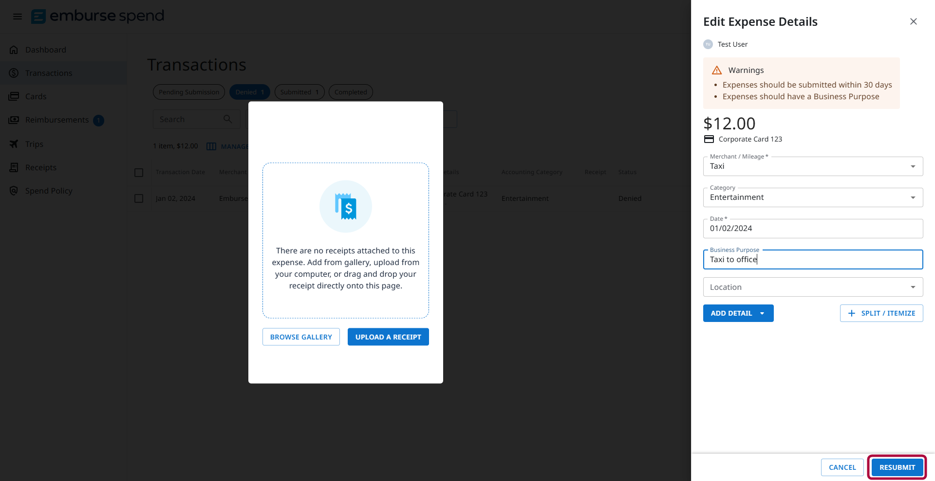 Expense details screen with the Resubmit button highlighted