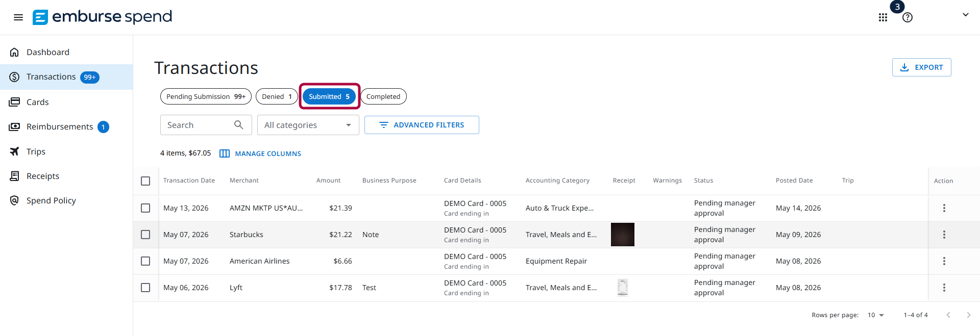 Submitted tab selected on the Transactions screen after resubmitting an expense