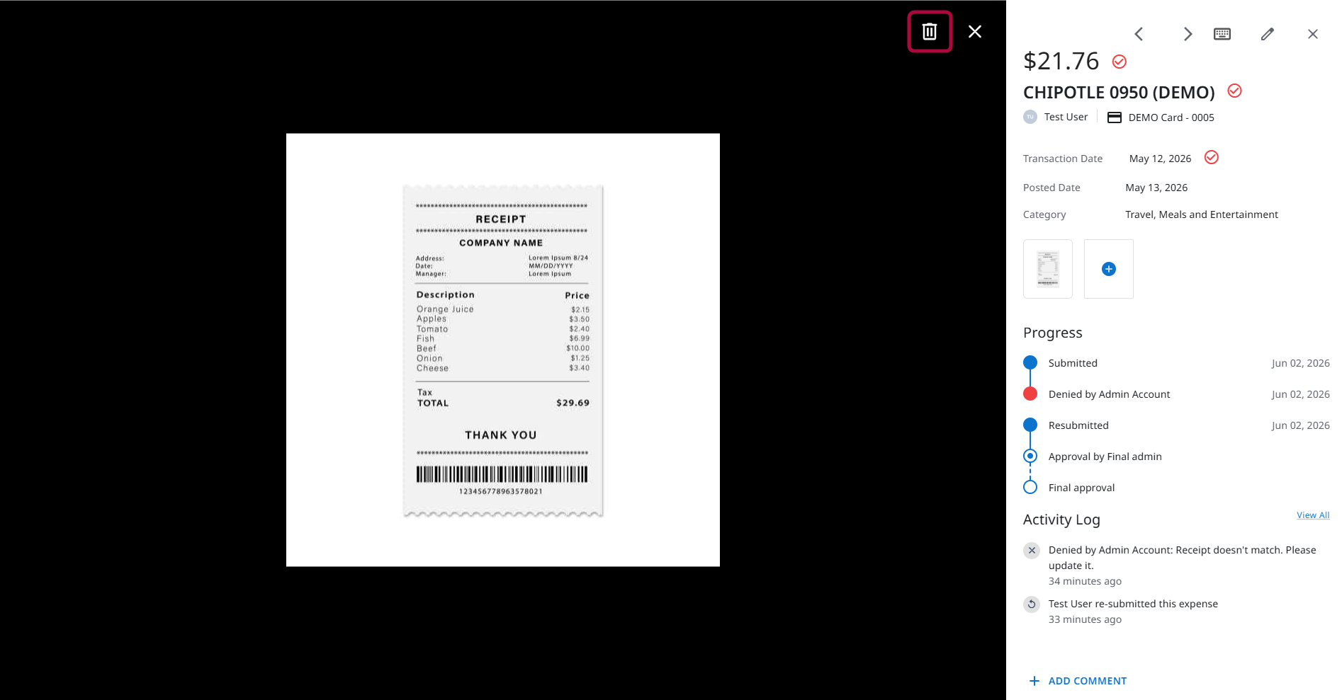 Receipt viewer with the Trash Can button highlighted for receipt removal