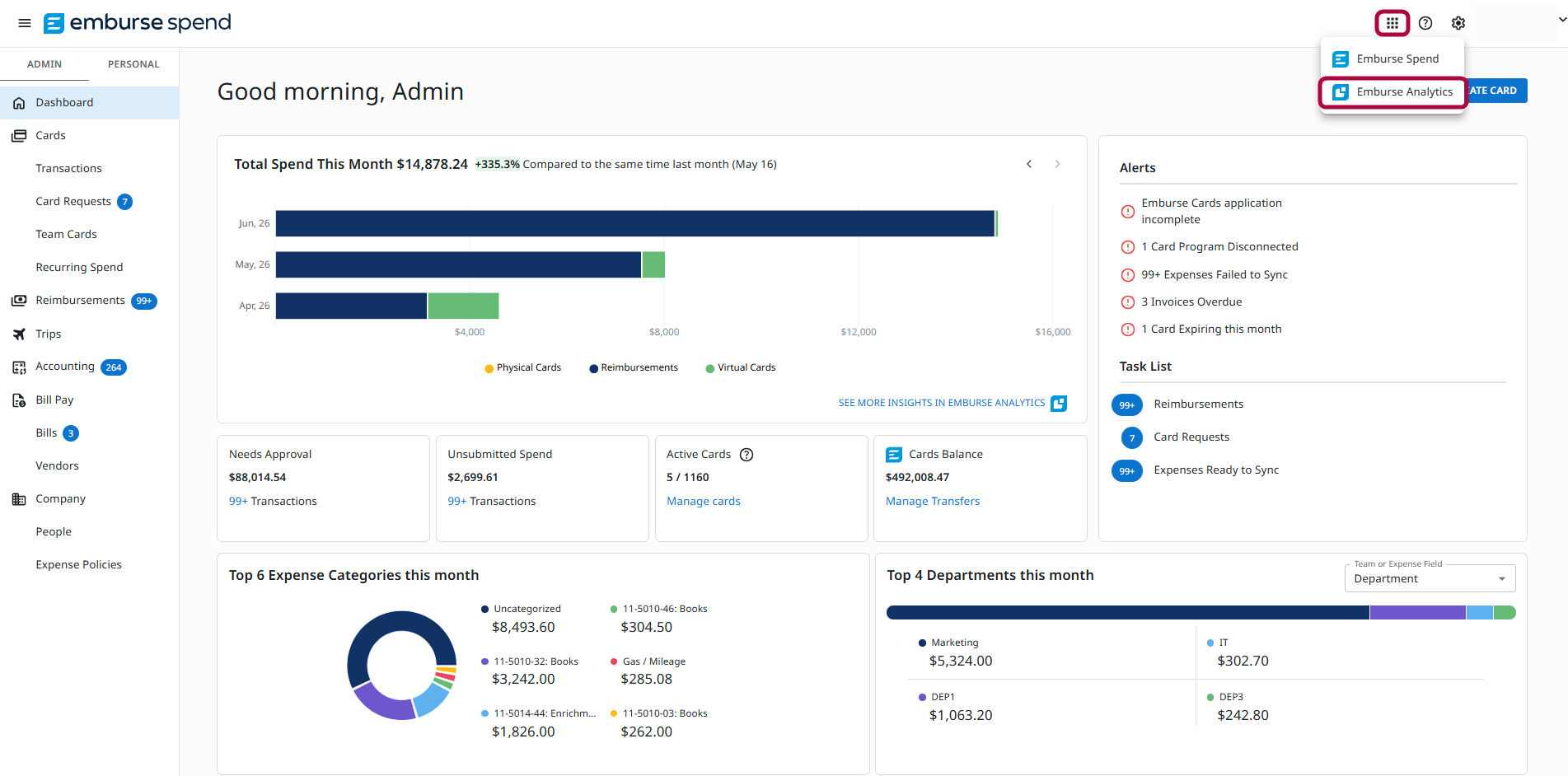 App switcher in the upper-right corner of Emburse Spend with Emburse Analytics selected