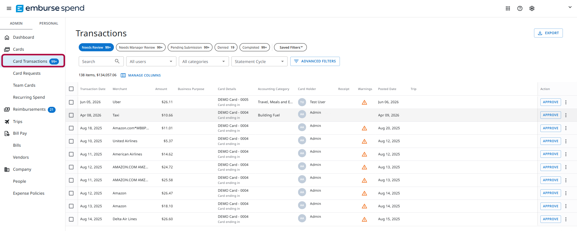 Card Transactions screen showing submitted transactions awaiting review