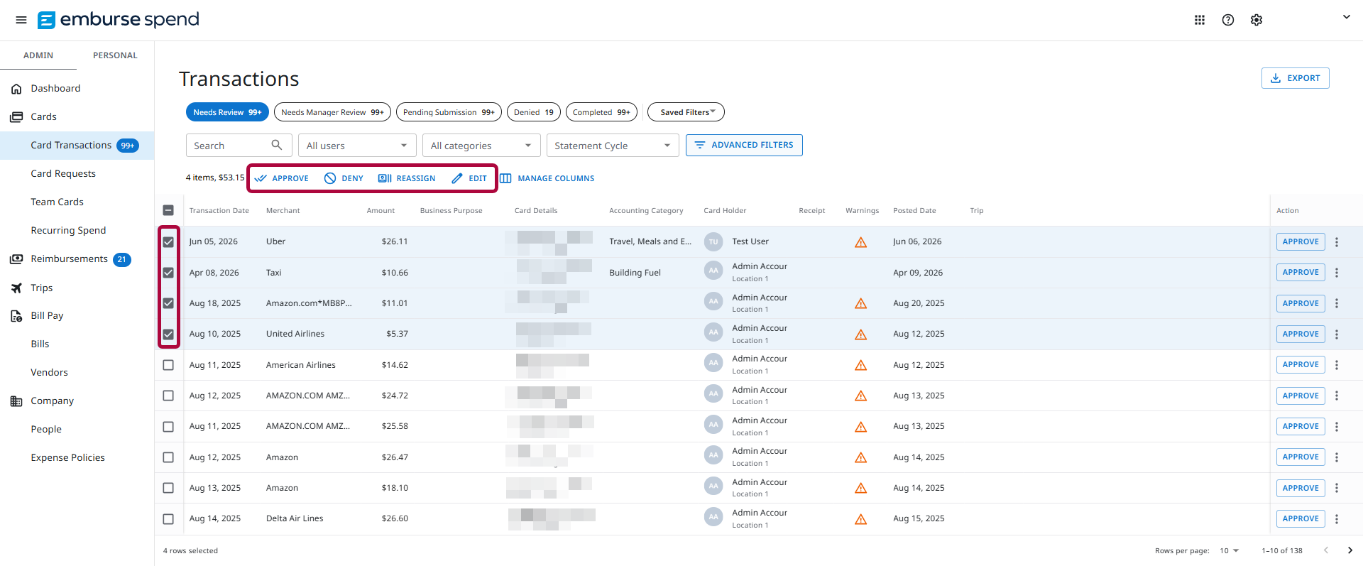 Multiple transactions selected for bulk approval