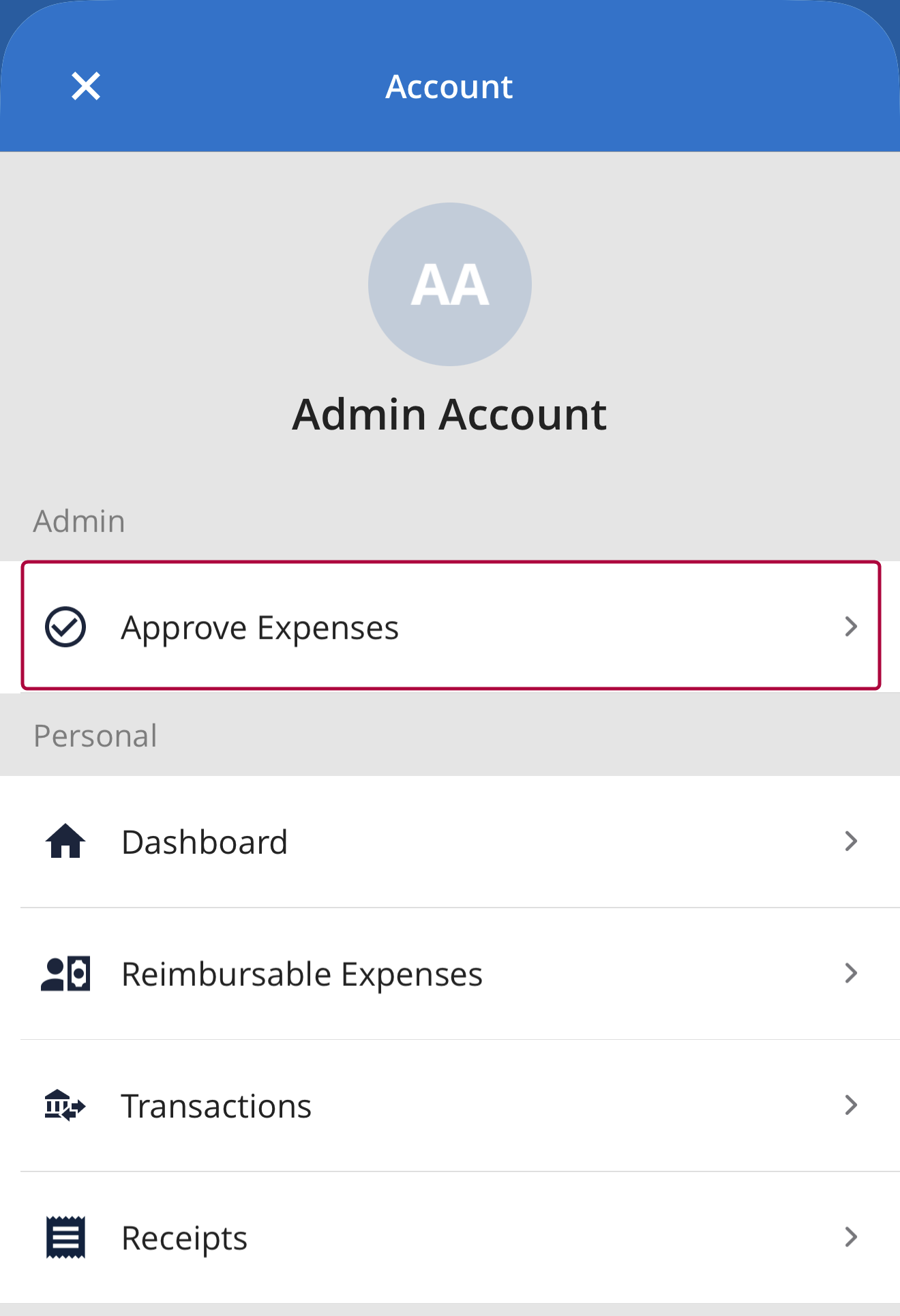 Approve Expenses option in the mobile app account menu
