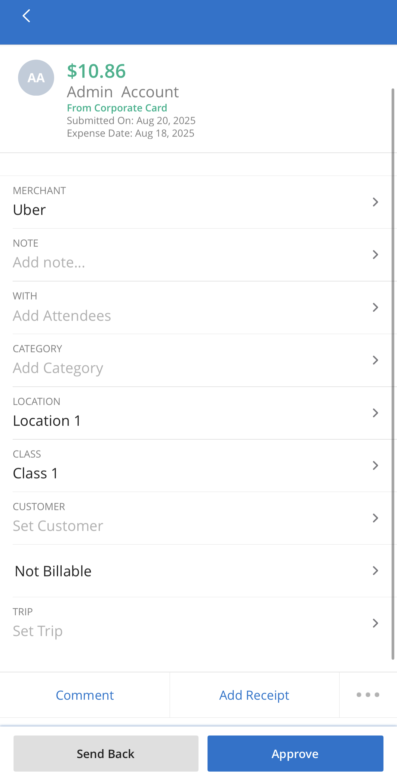 Expense details screen with the Approve button