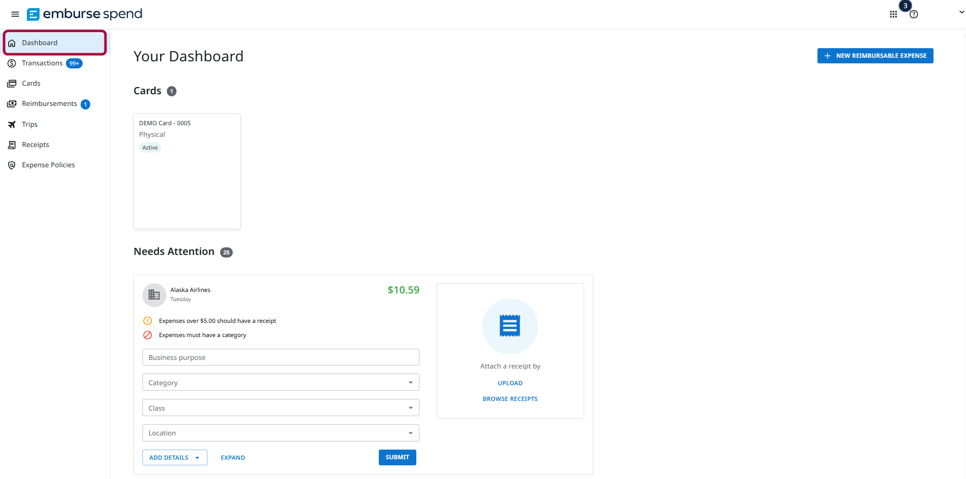 Corporate card transaction in the Needs Attention section of the Personal Dashboard