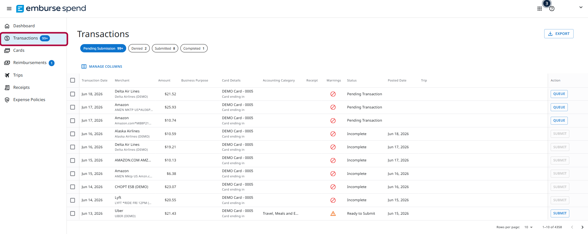 Transactions page with Pending Submission selected
