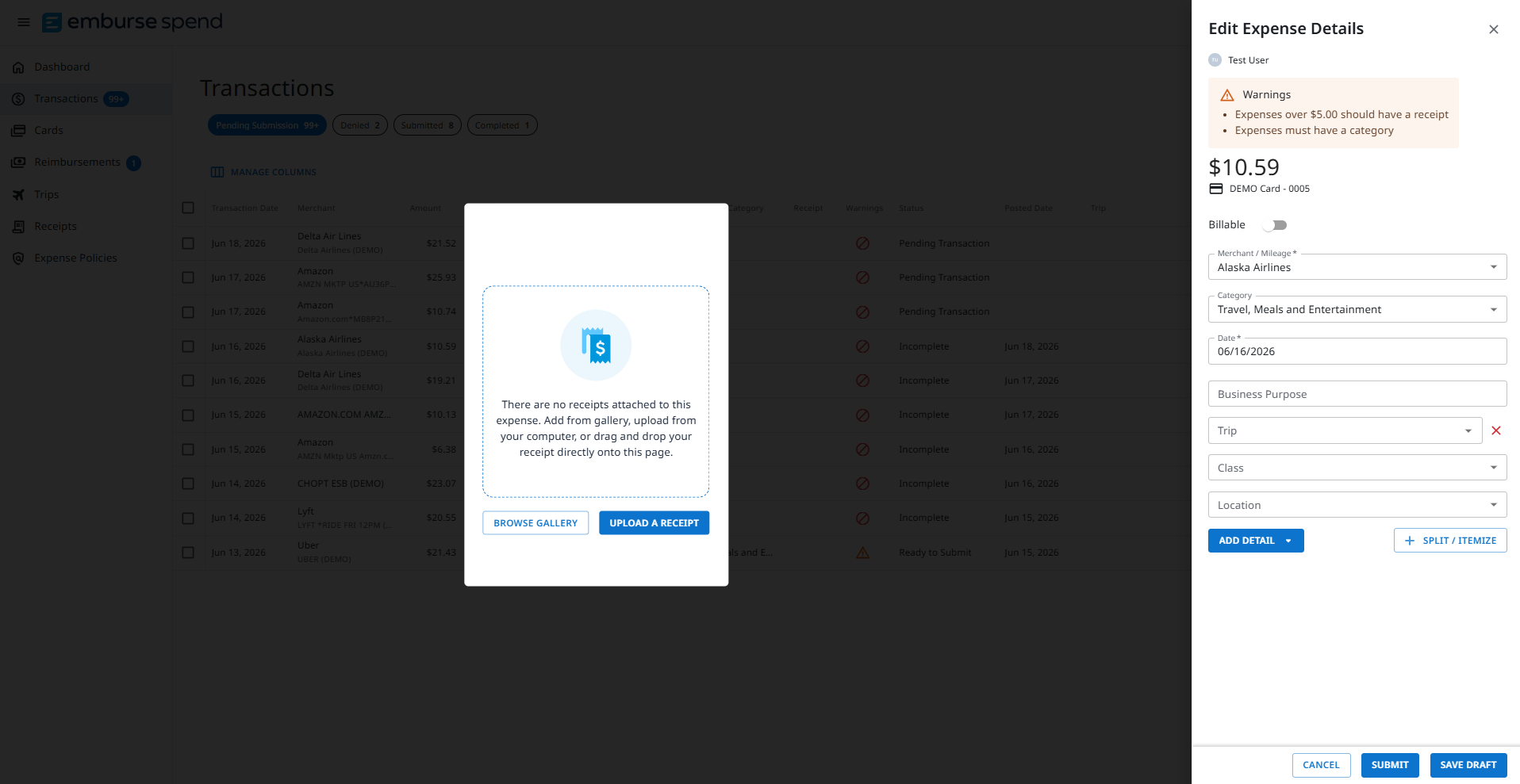 Edit Expense Details panel for a selected corporate card transaction